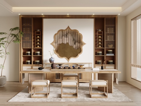 新中式茶室 茶桌椅 茶柜su模型