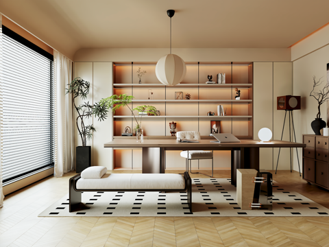 现代中古风书房 书柜 书桌椅 边柜 装饰画su模型