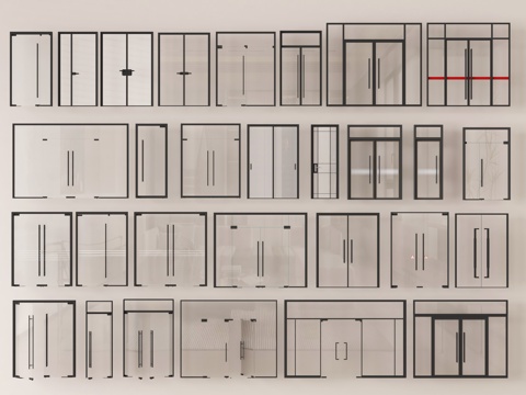 现代玻璃门组合 双开玻璃门 单开玻璃门 办公室玻璃门su模型