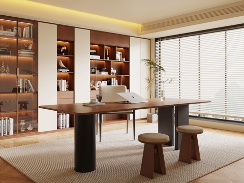 中古风书房 书柜 书桌椅su模型