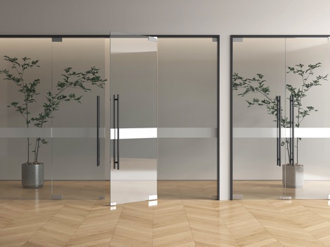 现代双开玻璃门 办公室玻璃门su模型