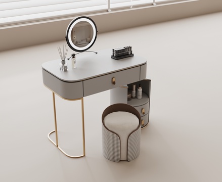 梳妆台 化妆品 镜子 凳子 首饰su模型