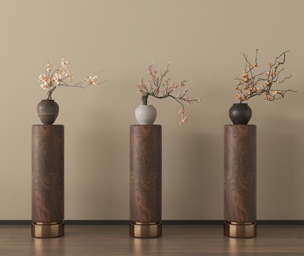 新中式花瓶花艺 花几 陶罐su模型