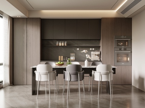 现代意式餐厅 餐桌椅 餐边柜su模型