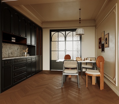 中古风餐厅 酒柜 餐桌椅su模型