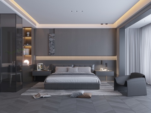  意式极简卧室主卧飘窗卧室极简卧室无主灯卧室意式简约卧室3d模型 