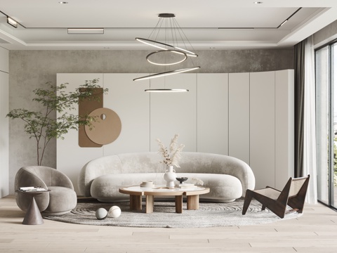 侘寂风客厅 侘寂风沙发茶几组合 吊灯 休闲椅 地毯su模型