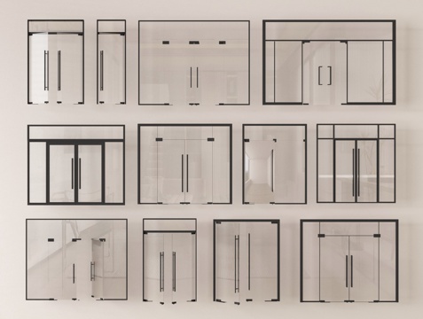 现代玻璃门组合 双开玻璃门 单开玻璃门 办公室玻璃门su模型