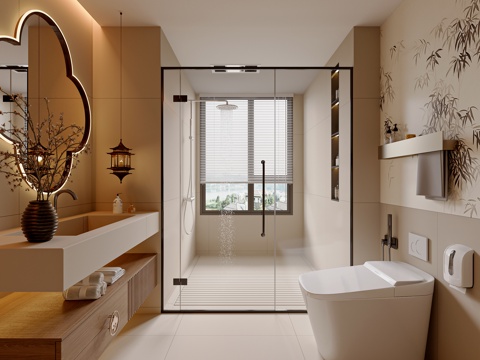  新中式中式卫生间 宋式风卫生间 卫浴用品 卫浴柜 卫浴小件3d模型 