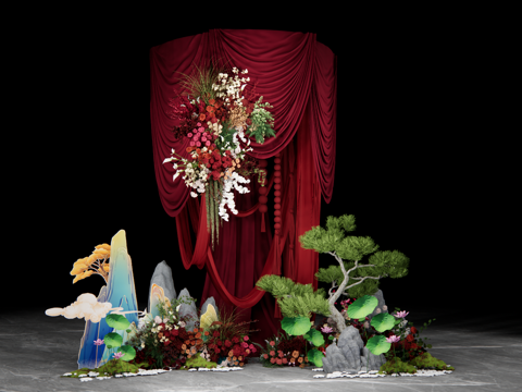 新中式红色布幔合影打卡婚礼美陈su模型