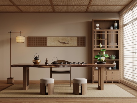 新中式茶室 茶桌椅 茶台 博古架su模型