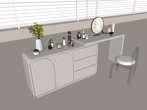 梳妆台 化妆品 镜子 凳子 首饰su模型