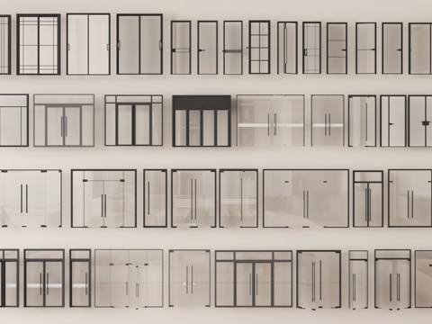 现代玻璃门组合 双开玻璃门 单开玻璃门 办公室玻璃门 玻璃推su模型