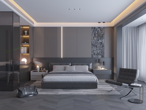 意式极简卧室主卧飘窗卧室极简卧室无主灯卧室意式简约卧室su模型