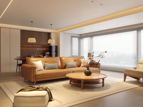 中古侘寂风客餐厅 沙发茶几组合 餐桌椅组合  饰品摆件 台灯su模型