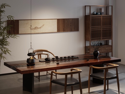 新中式茶室 茶桌椅 茶台 博古架su模型