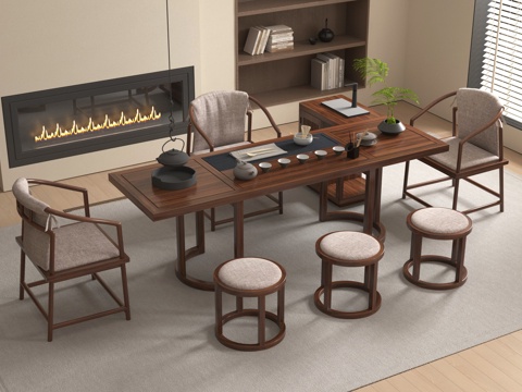 新中式茶桌椅 实木茶桌椅组合 装饰摆件 火炉su模型