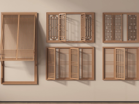 新中式镂花窗 镂空花格窗 折叠窗su模型