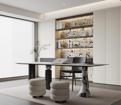 现代书房 书桌椅 书柜su模型