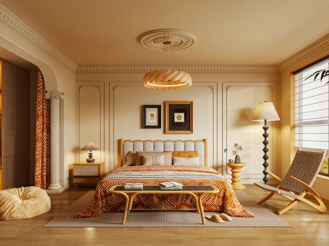 卧室 双人床 休闲椅 条凳 床头柜3d模型