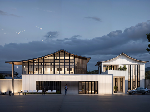 现代社区活动中心建筑 社区服务中心 办公建筑su模型