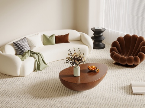 现代奶油风客厅 多人沙发 异形茶几 休闲椅su模型