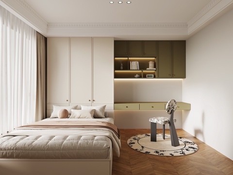 法式奶油风榻榻米卧室su模型