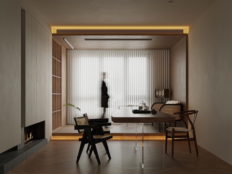  侘寂客餐厅 侘寂中古风餐桌椅组合3d模型 