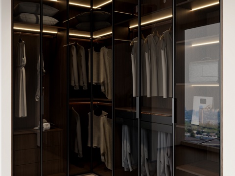 现代转角衣帽间 玻璃门衣柜  转角衣柜  L型转角衣帽间su模型