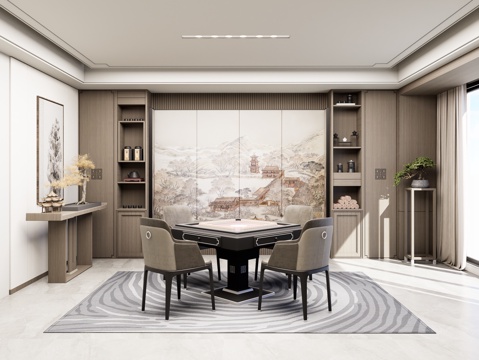 新中式麻将室 新中式棋牌室 家装麻将房 麻将桌 中式摆件su模型