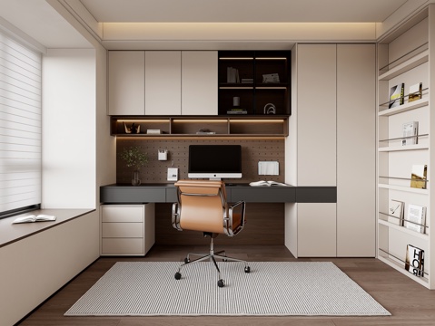 现代家居书房 书房书柜 书桌书柜 电脑桌书柜 薄书架展示柜su模型