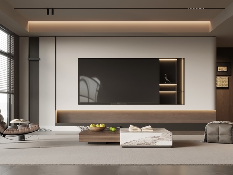 现代意式客厅 电视背景墙 沙发茶几组合su模型