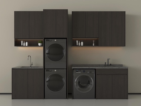 现代洗衣机柜  洗衣机 烘干机   阳台柜卫浴用品su模型
