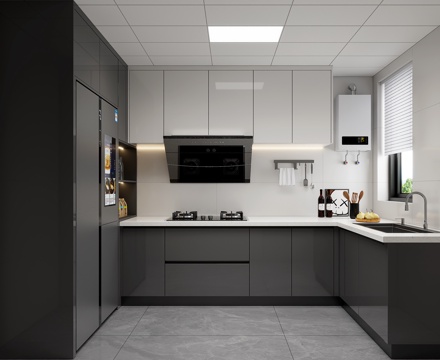 现代家居厨房 厨房橱柜 冰箱柜橱柜一体 U型橱柜 橱柜吊柜su模型