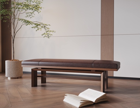 中古复古床尾凳 中古床尾凳 长凳 实木长凳su模型