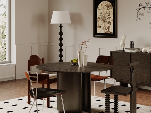 中古风茶台 餐桌椅 落地灯su模型