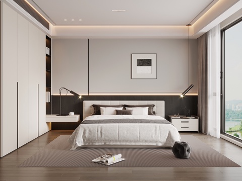 现代意式卧室 双人床 床头柜 衣柜su模型