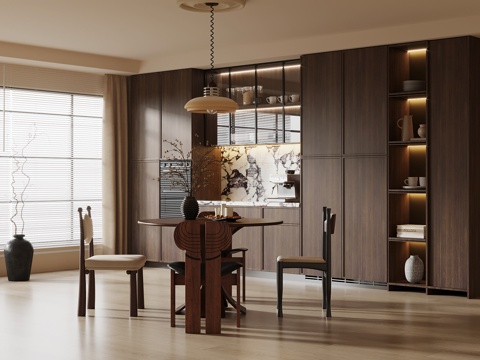  中古风餐厅 餐桌椅 酒柜3d模型 