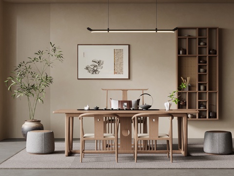 新中式茶室 茶桌椅 置物架 茶柜 绿植盆栽su模型