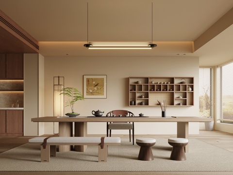 新中式茶室 茶桌椅组合 茶柜壁柜su模型