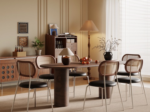 中古风餐厅 餐桌椅 餐边柜su模型