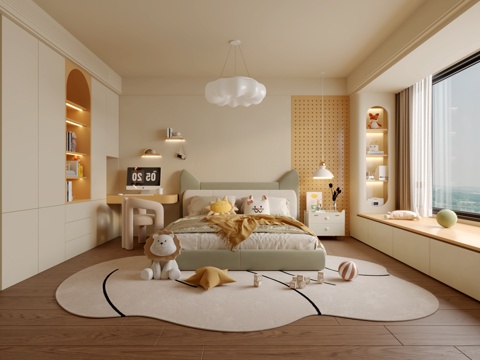  现代奶油风儿童房3d模型 