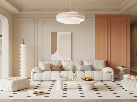 现代奶油风客厅 沙发背景墙 沙发茶几组合su模型