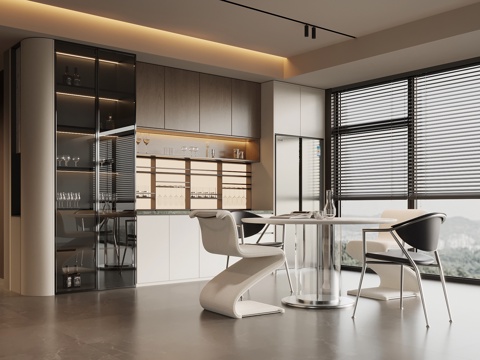 现代意式餐厅 餐桌椅 餐边柜su模型