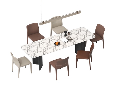 现代餐桌椅组合  岩板餐桌椅 吊灯su模型