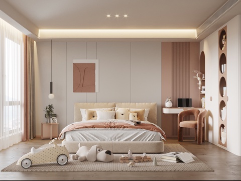 现代儿童房 女孩房 双人床 床头柜su模型