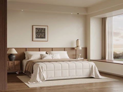 中古风卧室 双人床组合 床头柜su模型