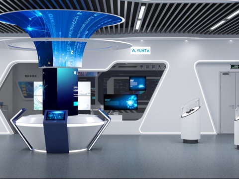 现代科技展厅展馆 科技展台展示柜 企业展示区灯箱 企业展示区su模型