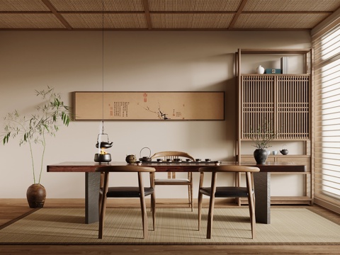 新中式茶室 茶桌椅 茶台 博古架su模型