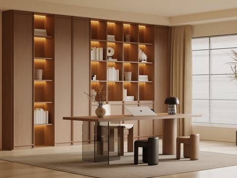 中古风书房 书柜 书桌椅su模型